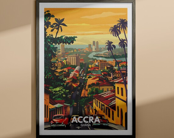 Accra Ghana Sunset City Street Vintage Cars Palms Africa Travel Scene Poster