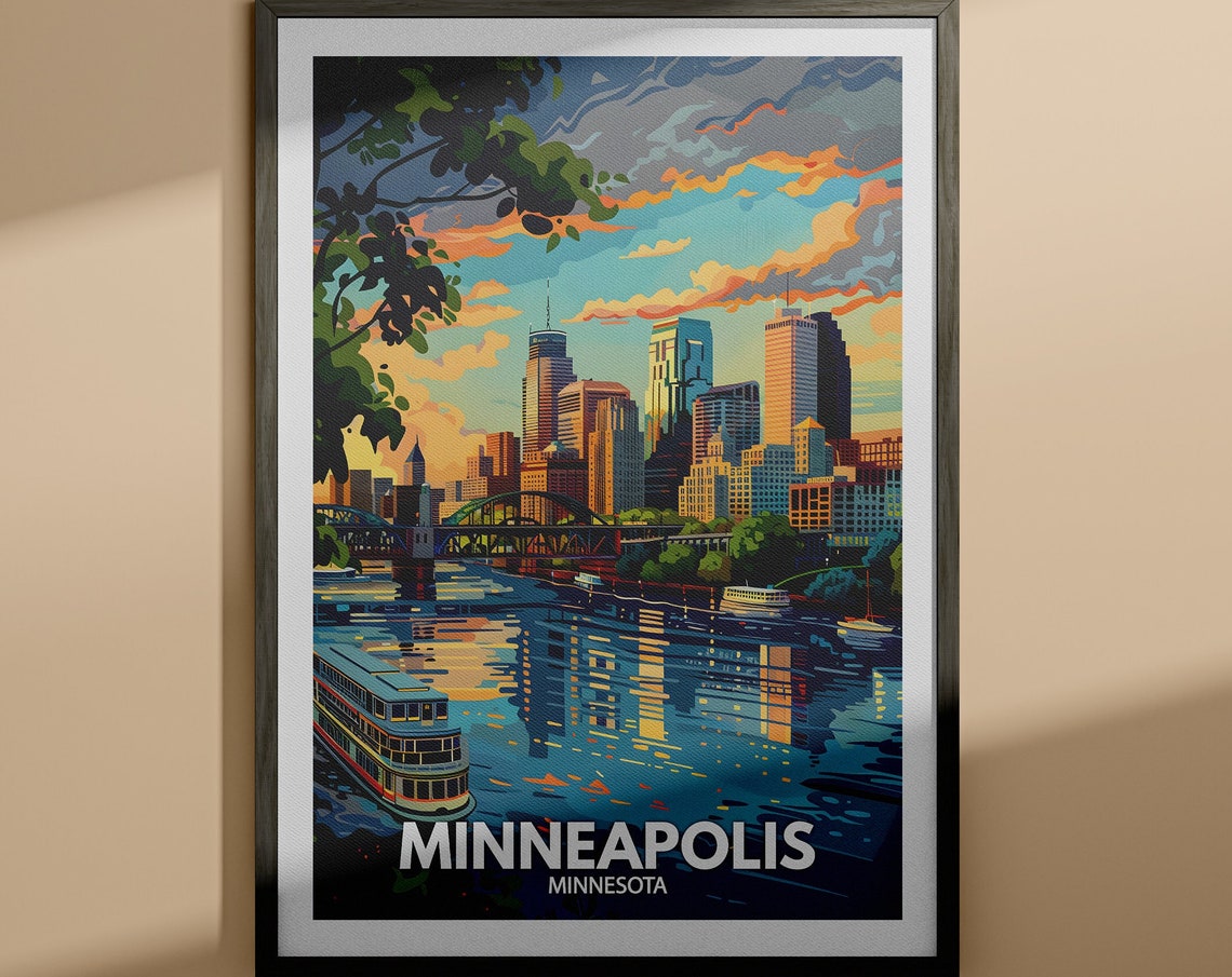 Minneapolis Minnesota River Skyline Travel Poster Vintage Sunset View