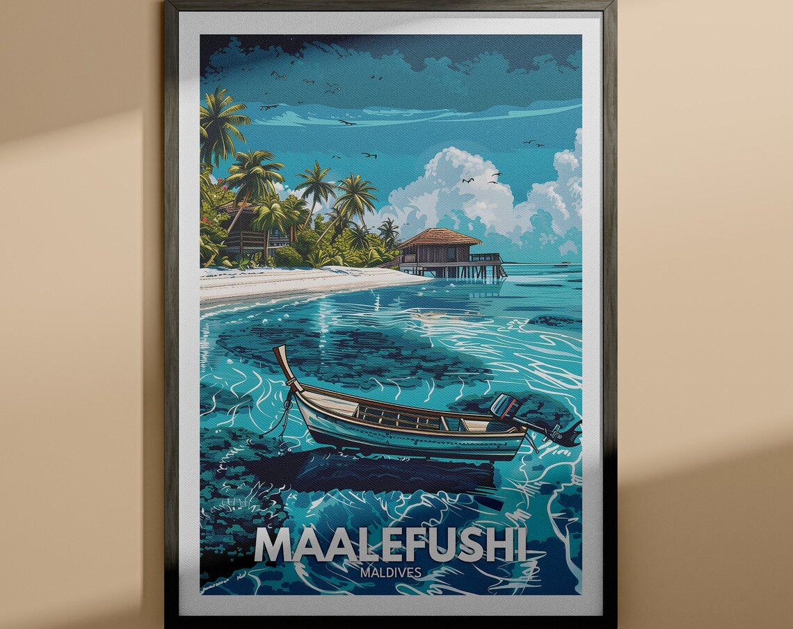 Maalefushi Maldives Overwater Hut Turquoise Lagoon Travel Poster