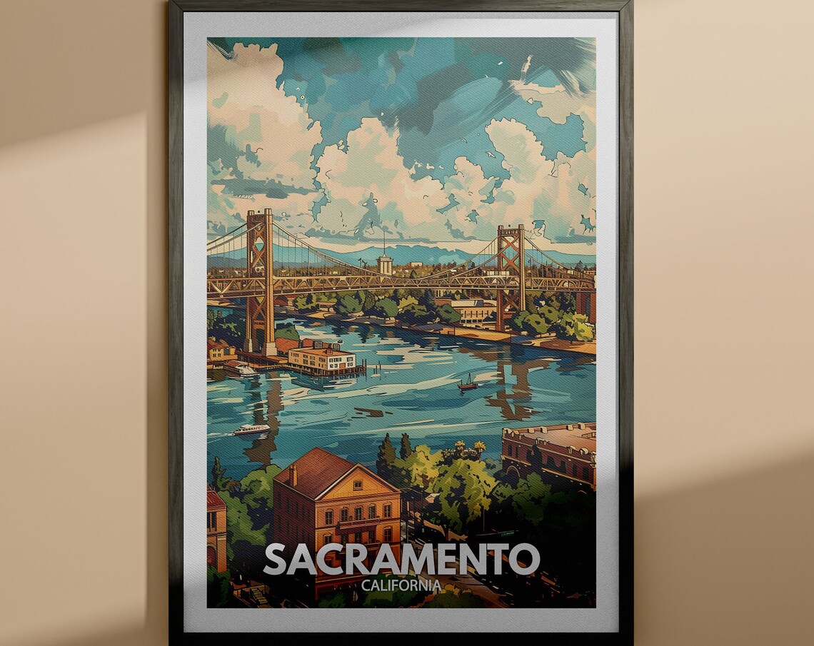 Sacramento California River Bridge Skyline Vintage Travel Poster