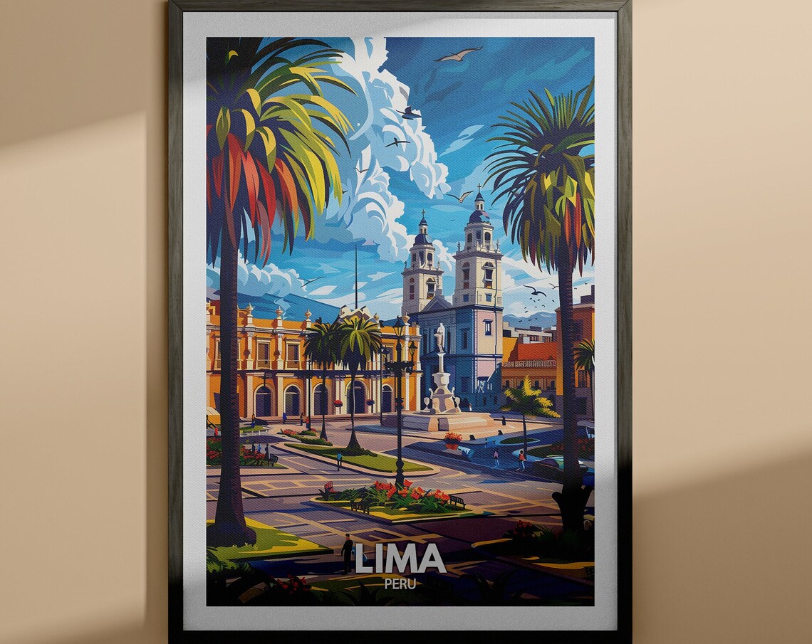 Lima Peru Plaza with Cathedral Towers and Palm Trees Travel Poster