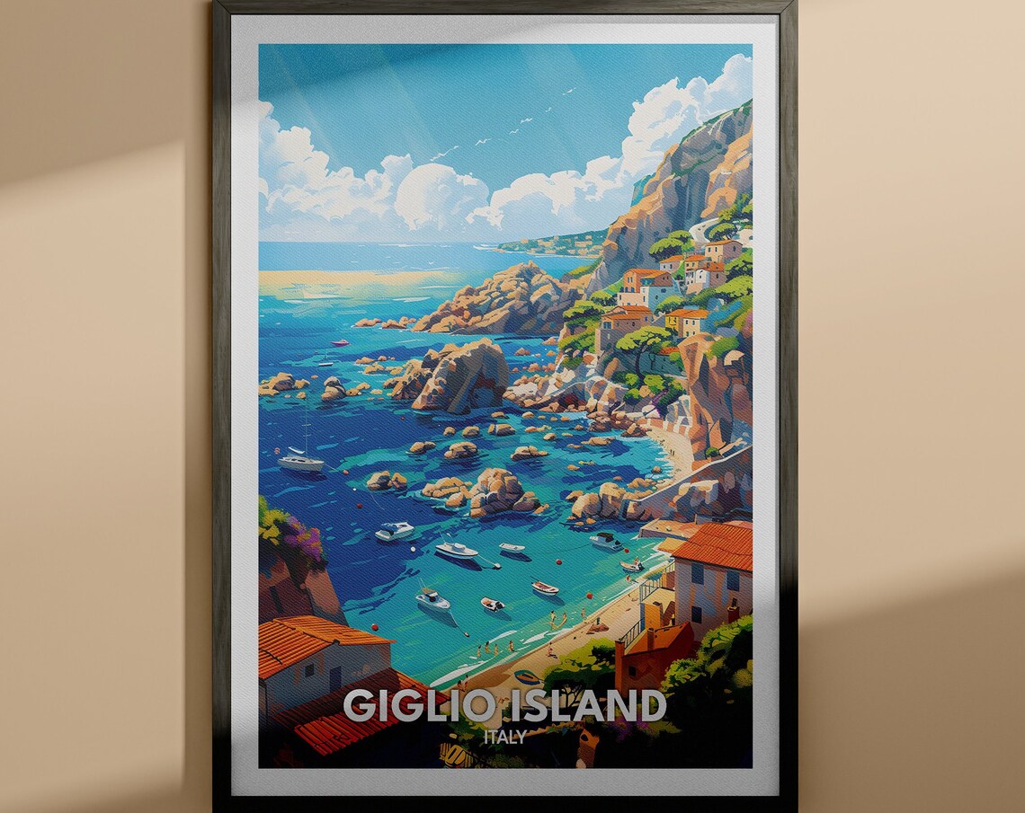 Giglio Island Italy Rocky Cove Boats Clifftop Village Island Poster