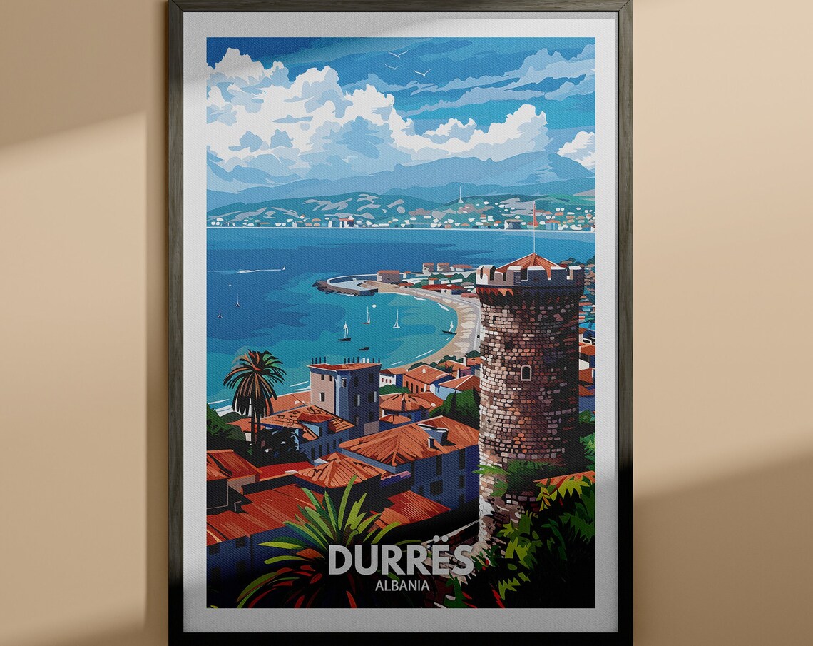Durres Albania Stone Tower Harbor Sailboats Coastal Travel Poster