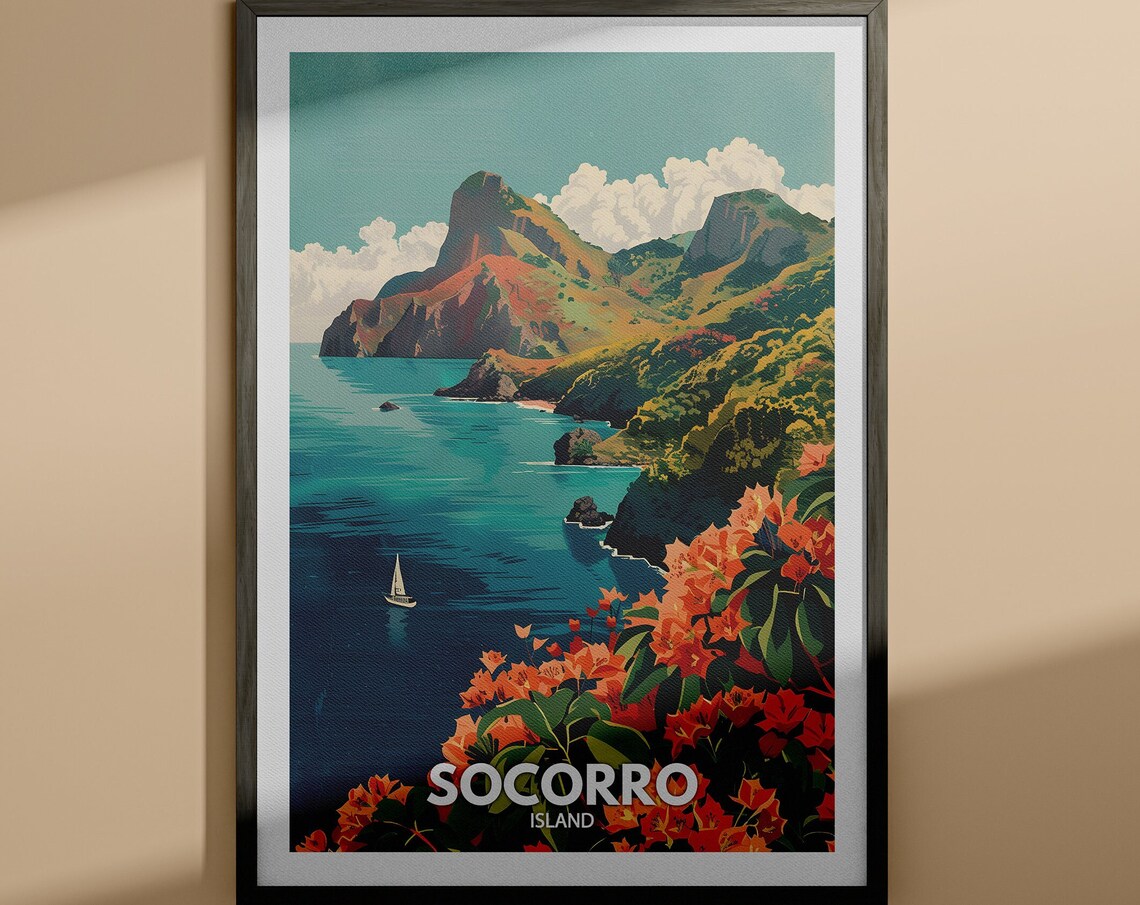 Socorro Island Volcanic Coast Sailboat Red Flowers Ocean Scenic Travel Poster