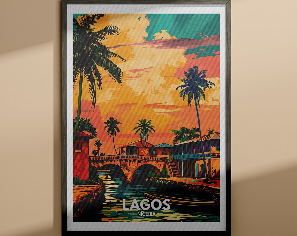 Lagos Nigeria Sunset Waterfront Bridge Palms Vintage Travel Poster