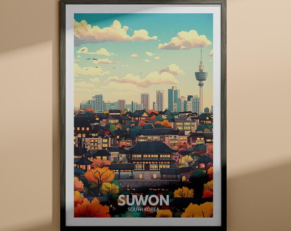 Suwon South Korea Autumn Skyline Palace Vintage Travel Poster