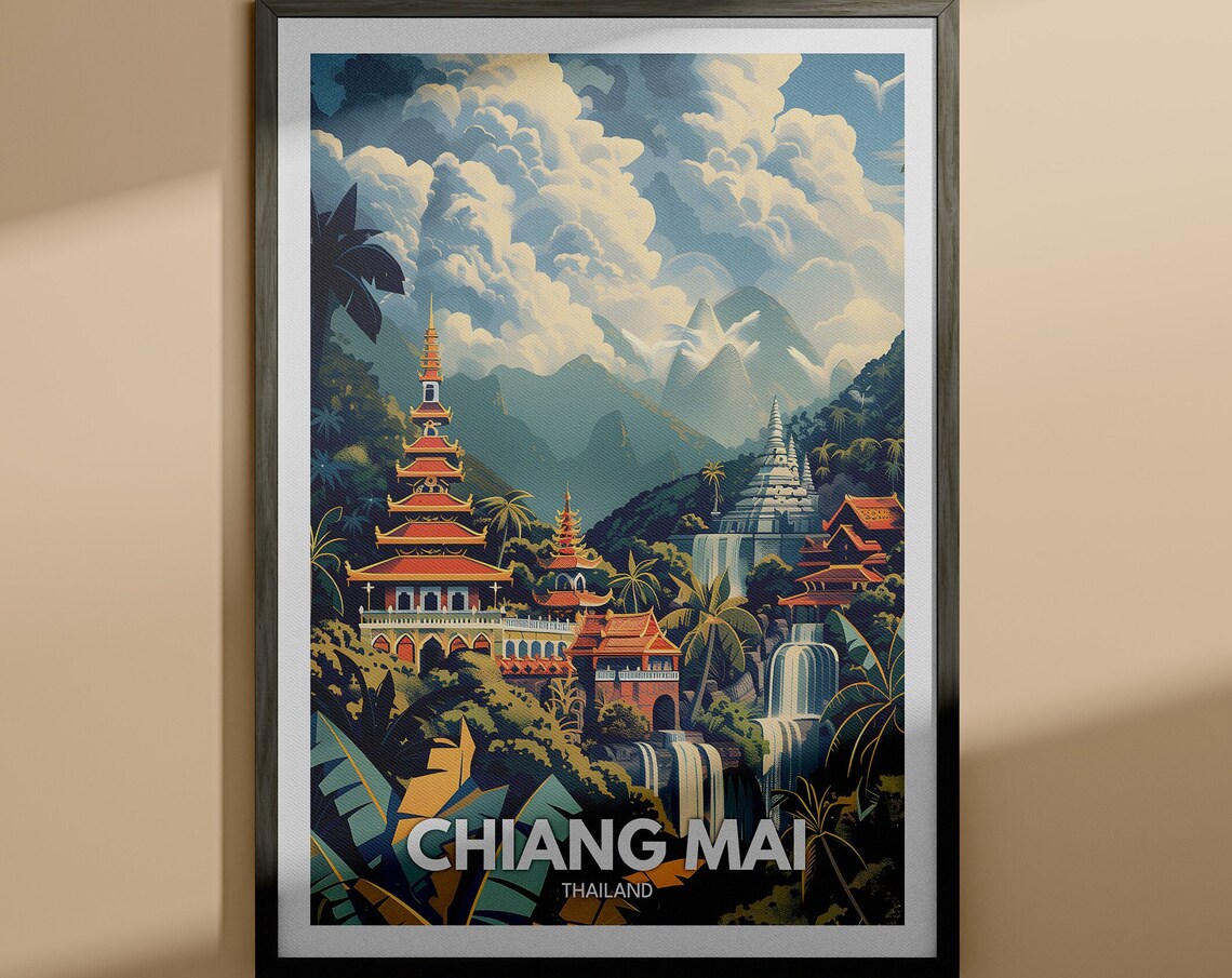 Chiang Mai Thailand Temples Waterfall Jungle Travel Poster Art