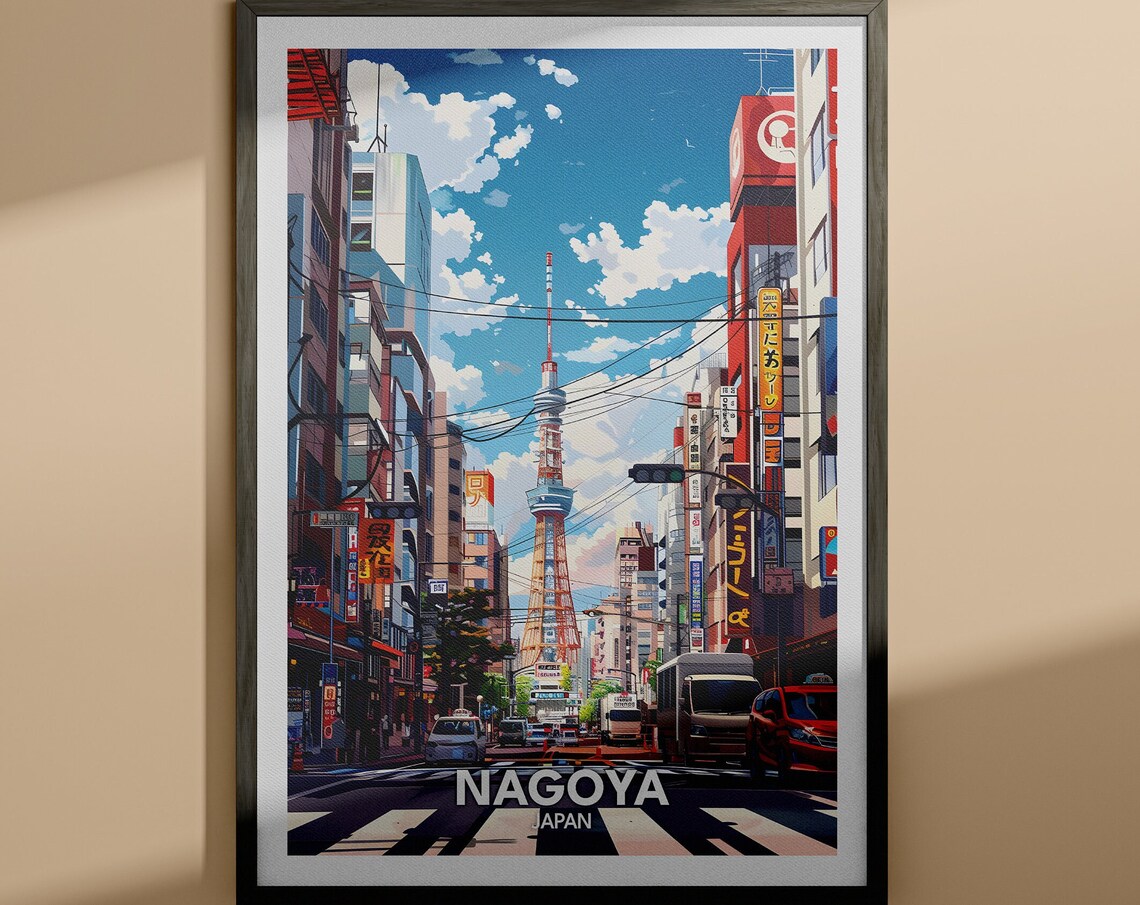 Nagoya Japan City Street Tower Night Neon Lights Travel Poster