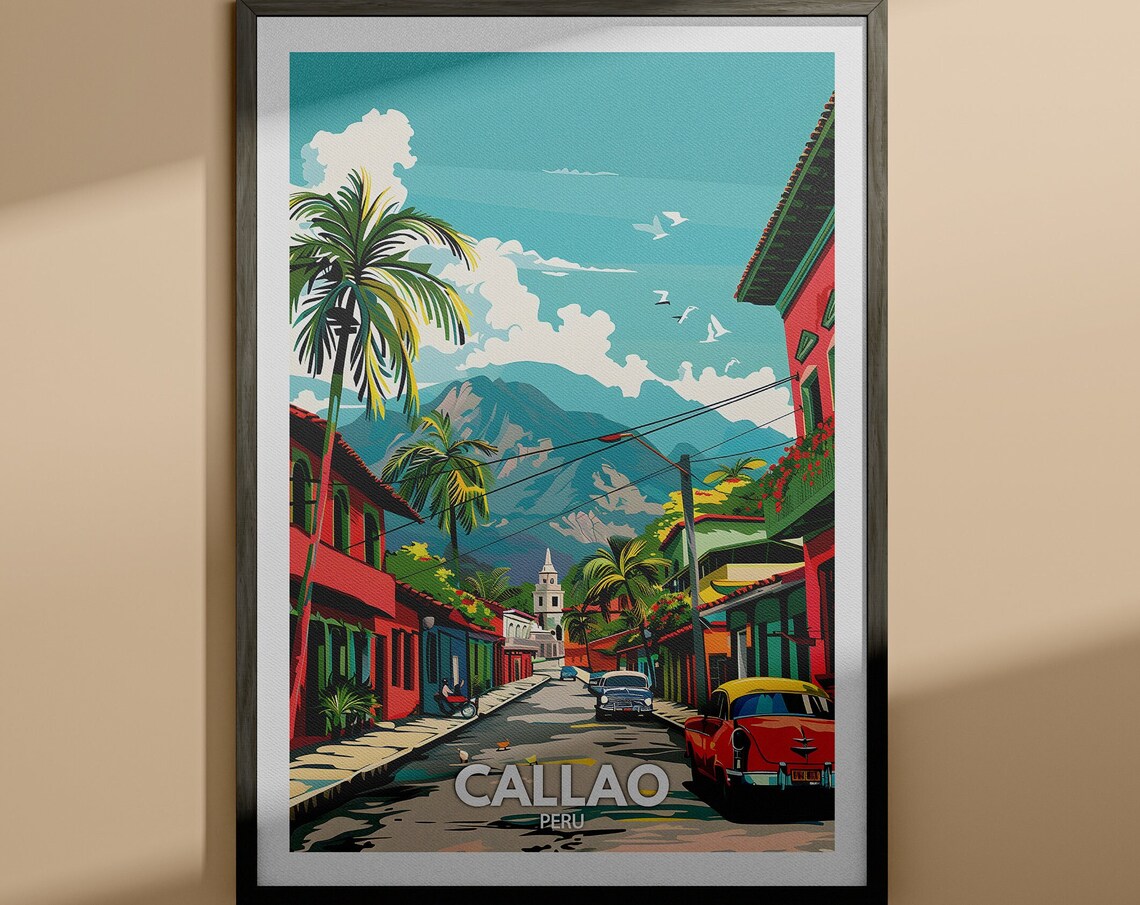 Callao Peru Coastal Street Vintage Cars Palm Trees Tropical Travel Poster