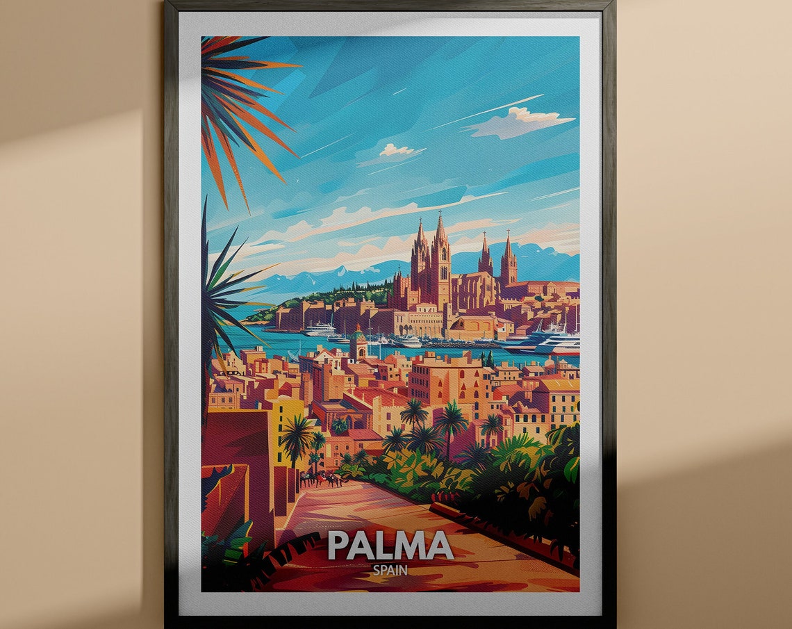 Palma Spain Cathedral Coastal Harbor Bay View Vintage Poster