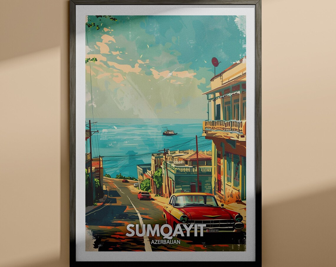 Sumqayit Azerbaijan Coastal Street Classic Car Travel Poster