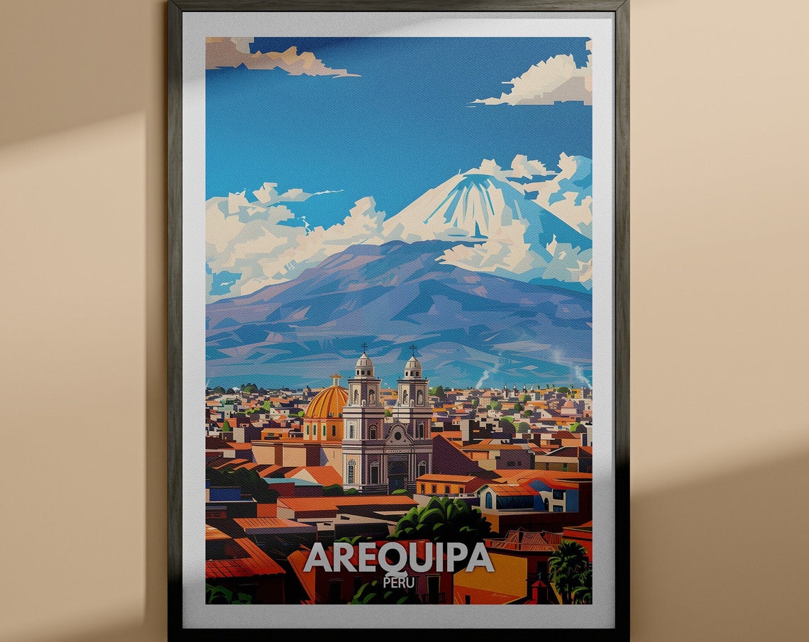 Arequipa Peru Cathedral Snowy Volcano Mountain Travel Poster Art