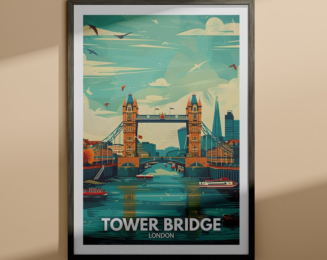 Tower Bridge London Thames Skyline Vintage Travel Scene Poster