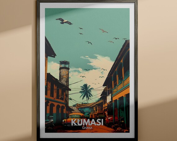 Kumasi Ghana Vintage Travel Poster Historic Street Scene Birds