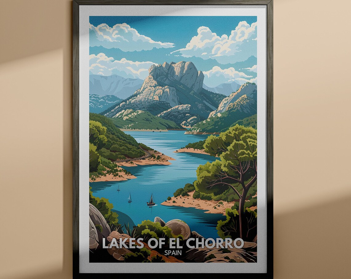 Lakes of El Chorro Spain Blue Lake Cliffs Sailboats Travel Poster