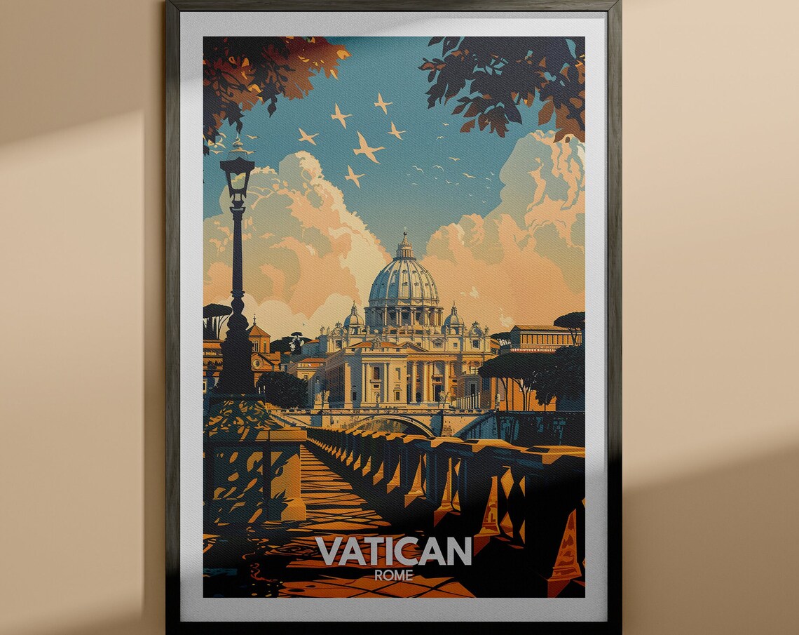 Vatican Rome Saint Peters Basilica Golden Sunset Travel Poster