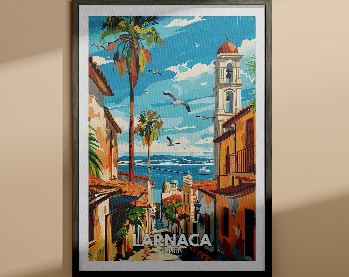 Larnaca Cyprus Old Town Church Tower Seaside Vintage Travel Poster