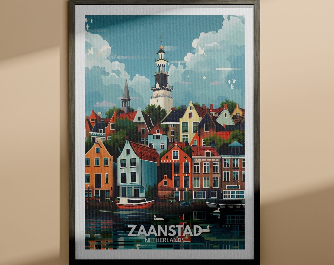 Zaanstad Netherlands Canal Town Church Tower Vintage Travel Poster