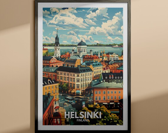 Helsinki Finland Old Town and Harbor Vintage Style Travel Poster