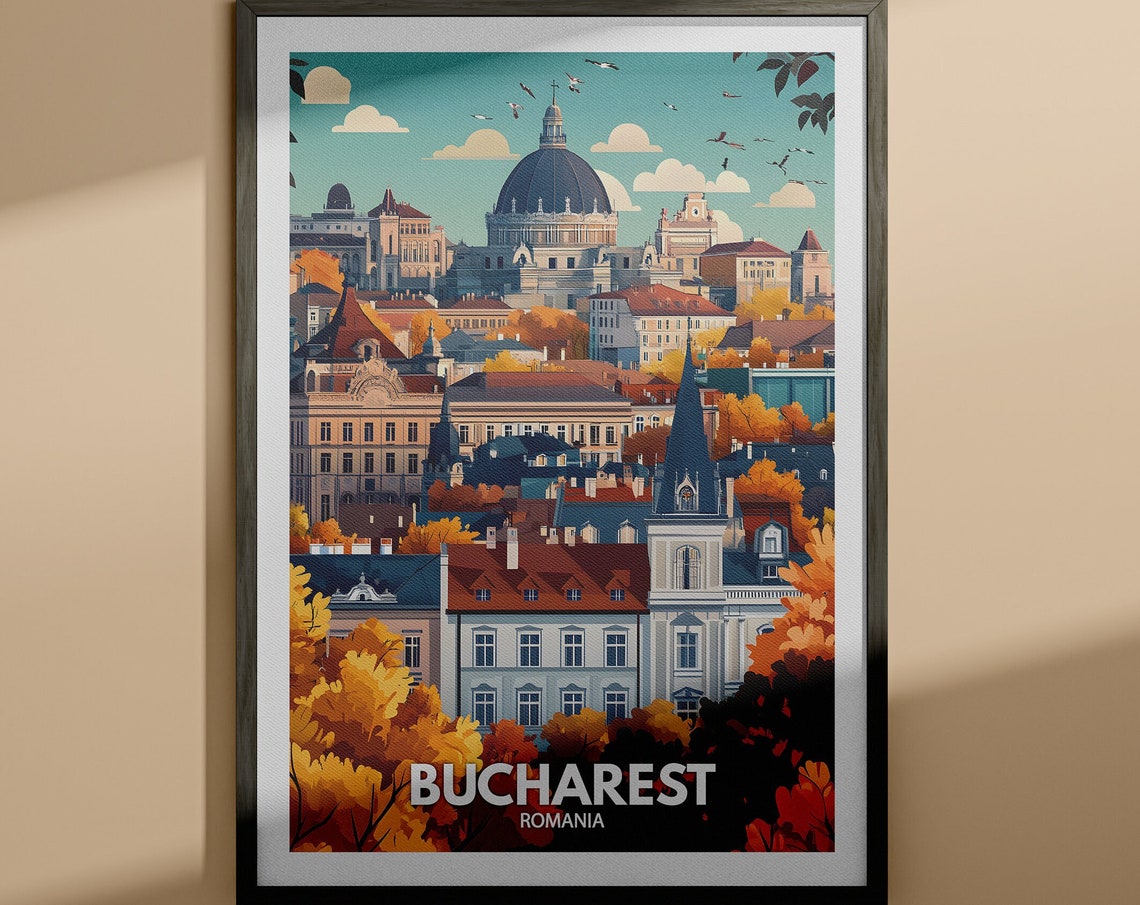 Bucharest Romania Old Town Skyline Dome Autumn Trees Travel Poster