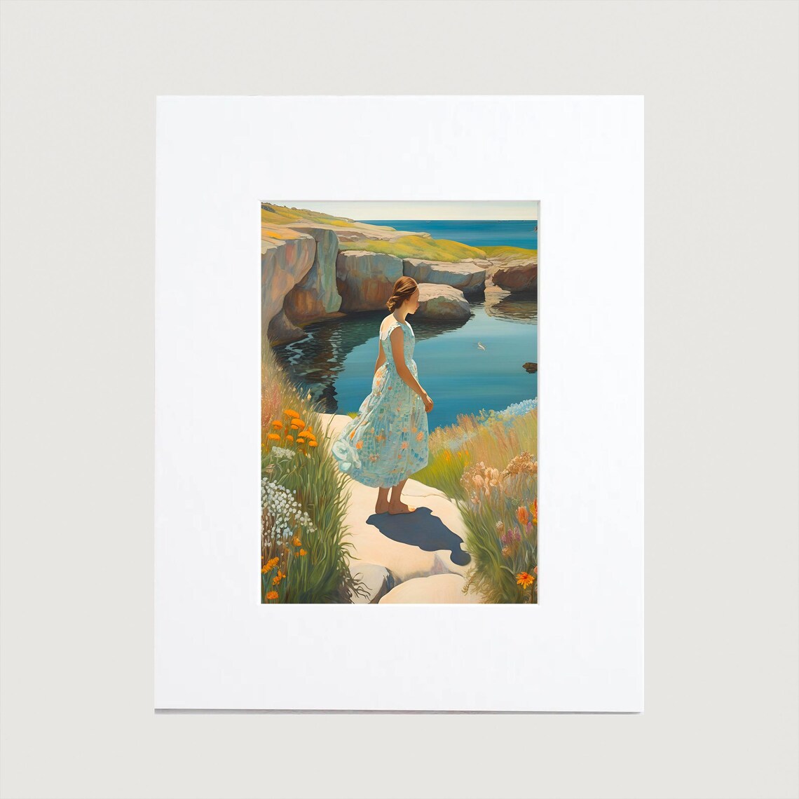 Woman By Rocky Cove Calm Blue Water Scenic Coastal Art Poster - Image 2