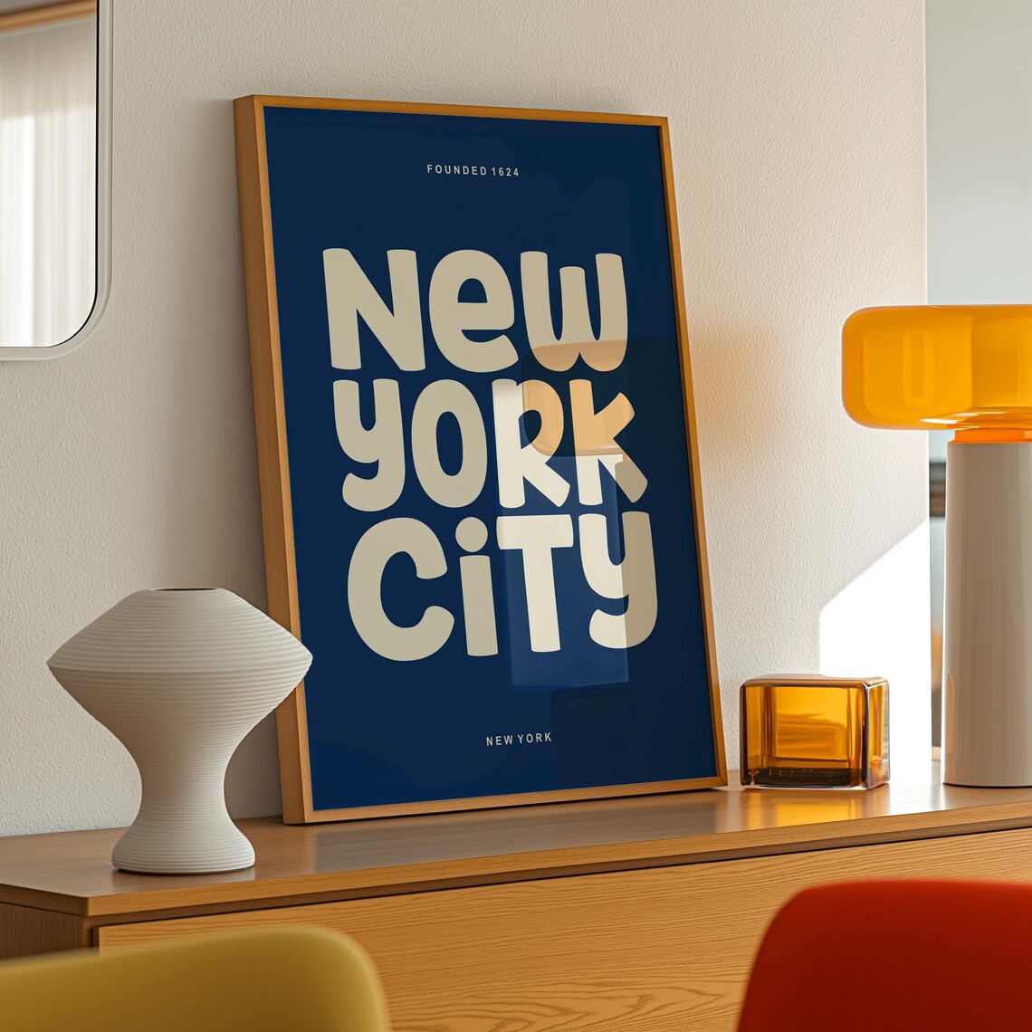 New York City Retro Typography Poster Navy Blue Cream Bubble Type