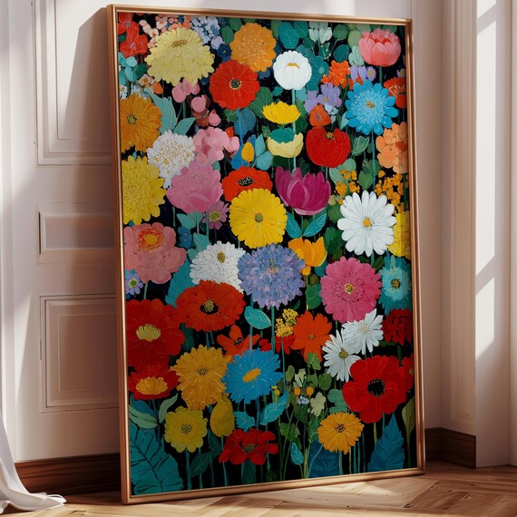 Colorful Floral Field Art Maximalist Flower Painting Folk Botanical Print Bold Vibrant Home Decor