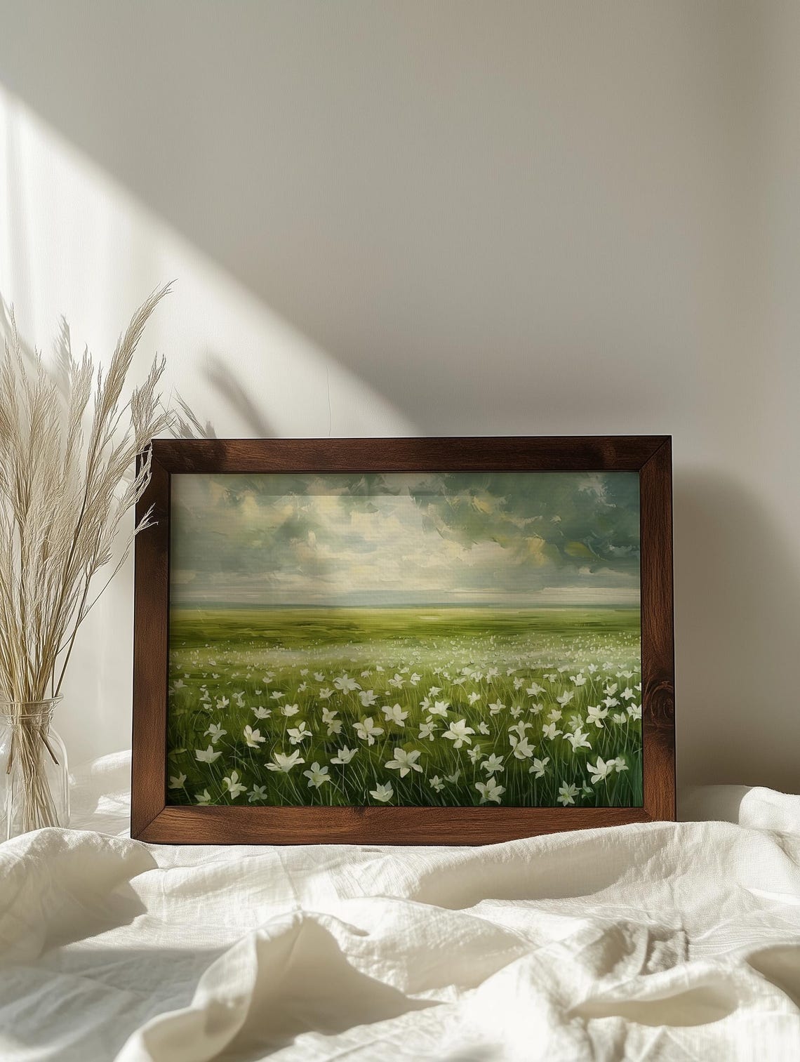 White Wildflower Field Painting Serene Green Meadow Landscape Poster - Image 3