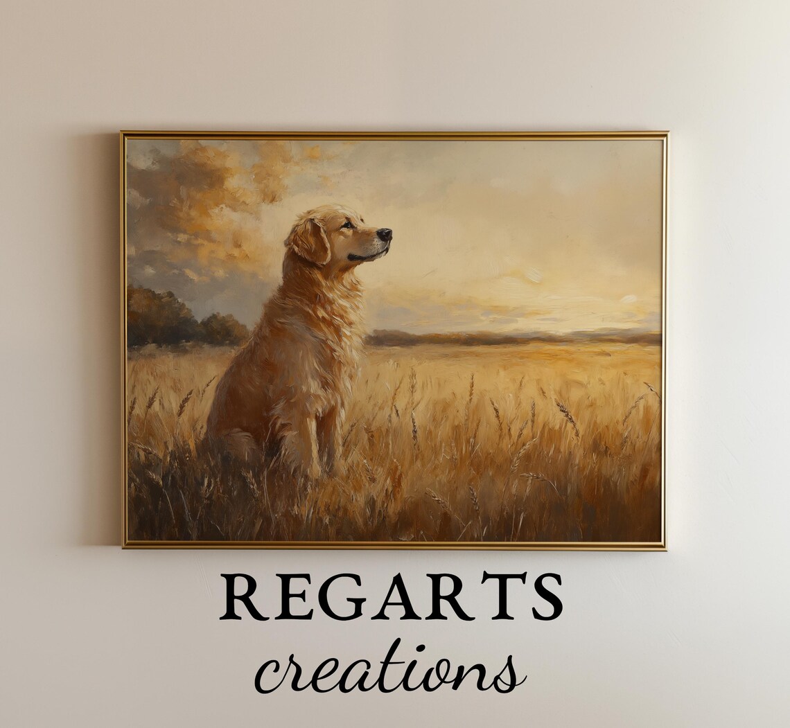 Golden Retriever Painting Dog In Wheat Field Sunset Art Print