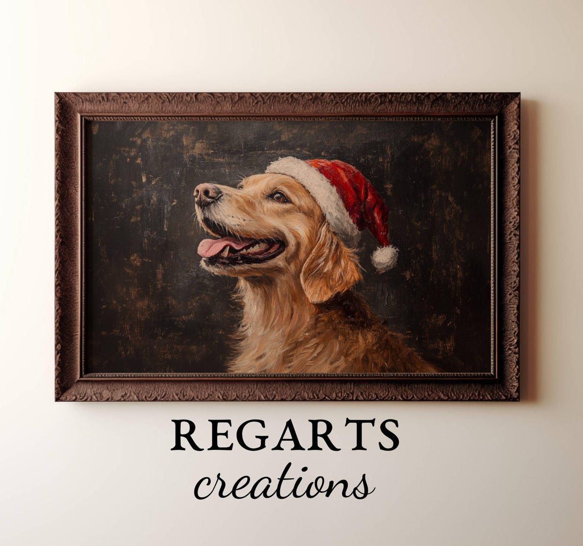 Golden Retriever Wearing Santa Hat Happy Christmas Dog Painting Poster - Image 2