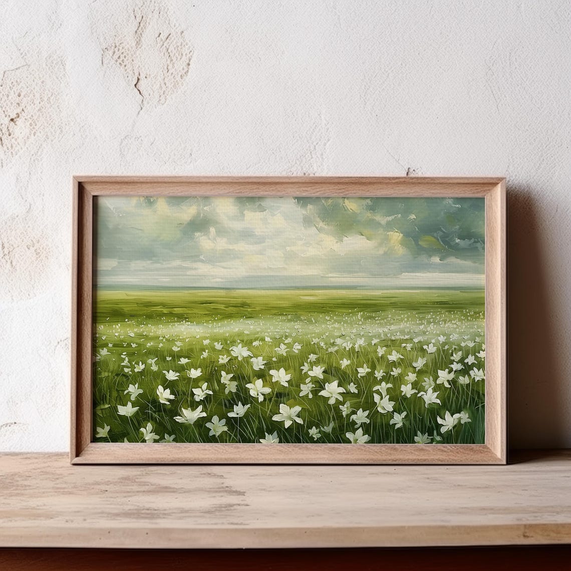 White Wildflower Field Painting Serene Green Meadow Landscape Poster - Image 5