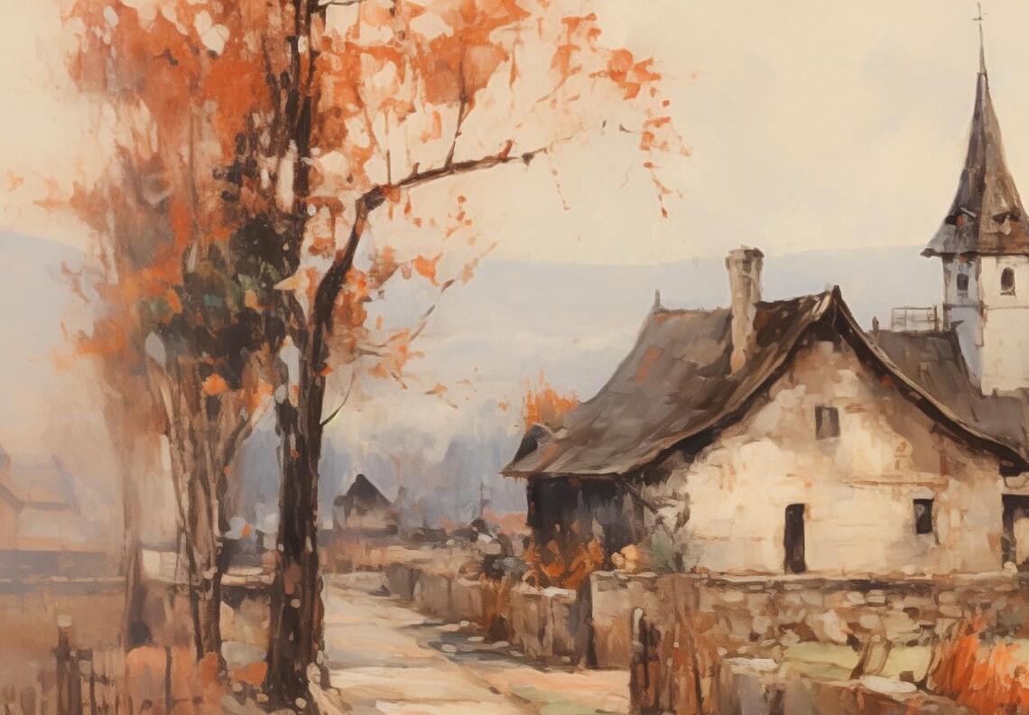 Quiet Autumn Village Painting Church Spire Orange Trees Poster - Image 6