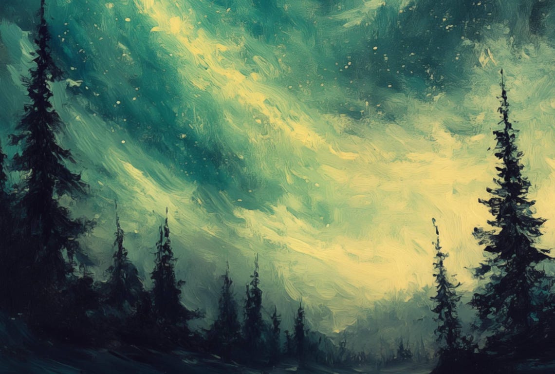 Antique Oil Painting Northern Lights Pine Trees Regarts - Image 4