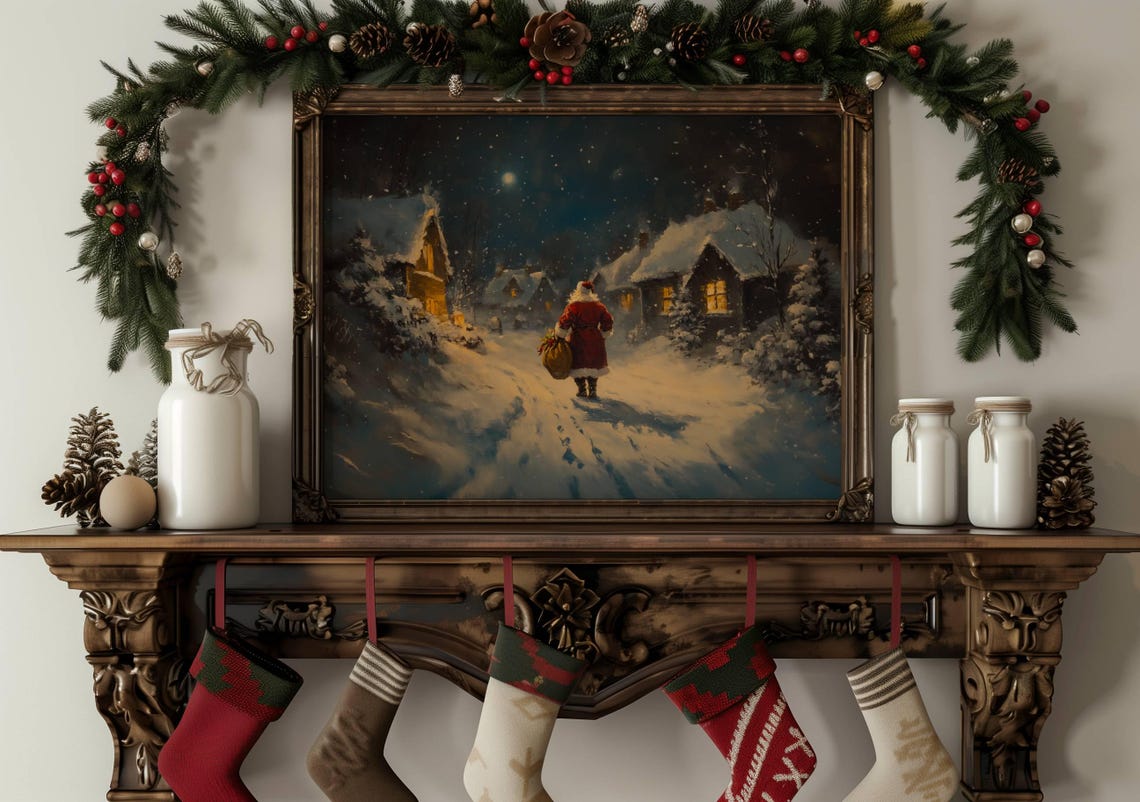 Antique Oil Painting Of Santa Claus On A Snowy Christmas Eve Night Vintage Holiday Wall Art Regarts