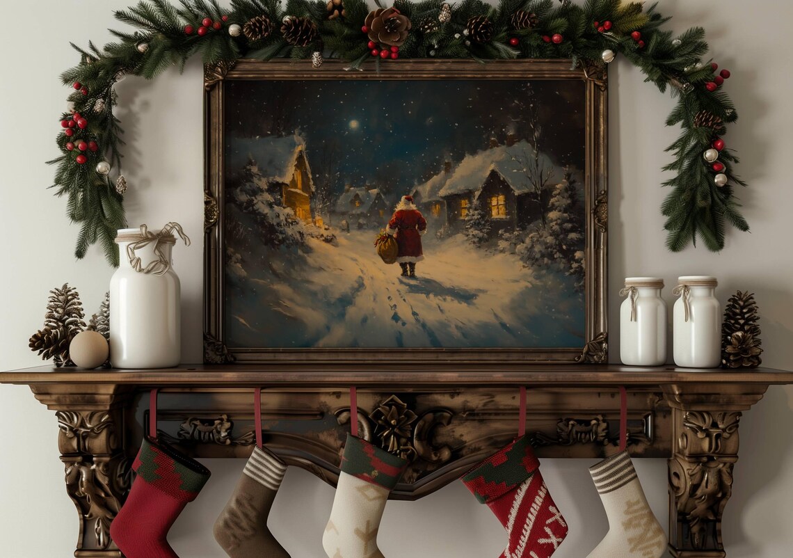 Santa Claus Walking Through Snowy Village On Christmas Eve Poster