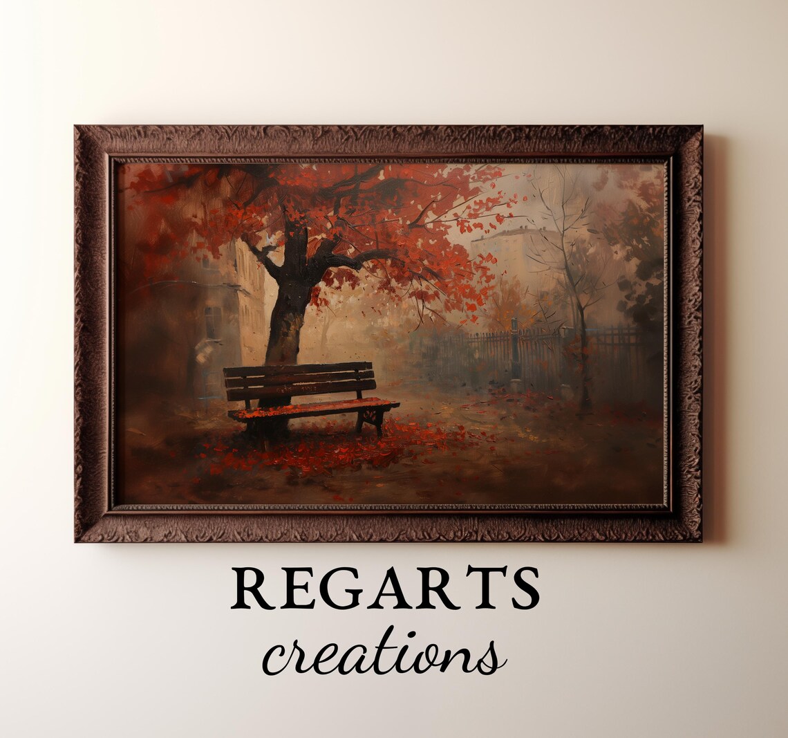 Autumn Park Bench Painting Fiery Red Leaves Misty Morning Poster