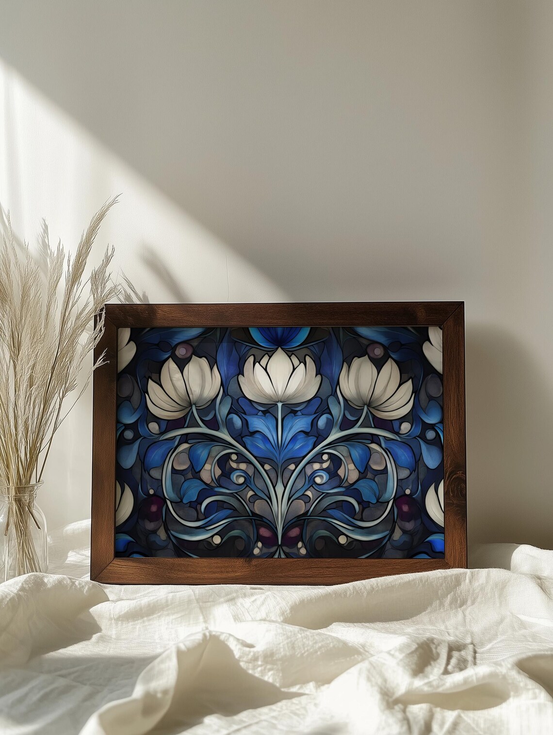 Art Nouveau White Lotus Flowers Deep Blue Elegant Floral Poster - Image 6
