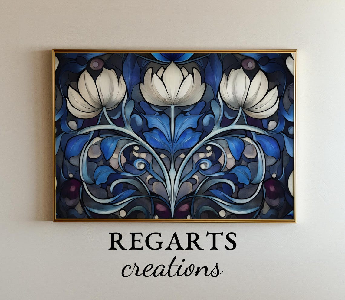 Art Nouveau White Lotus Flowers Deep Blue Elegant Floral Poster