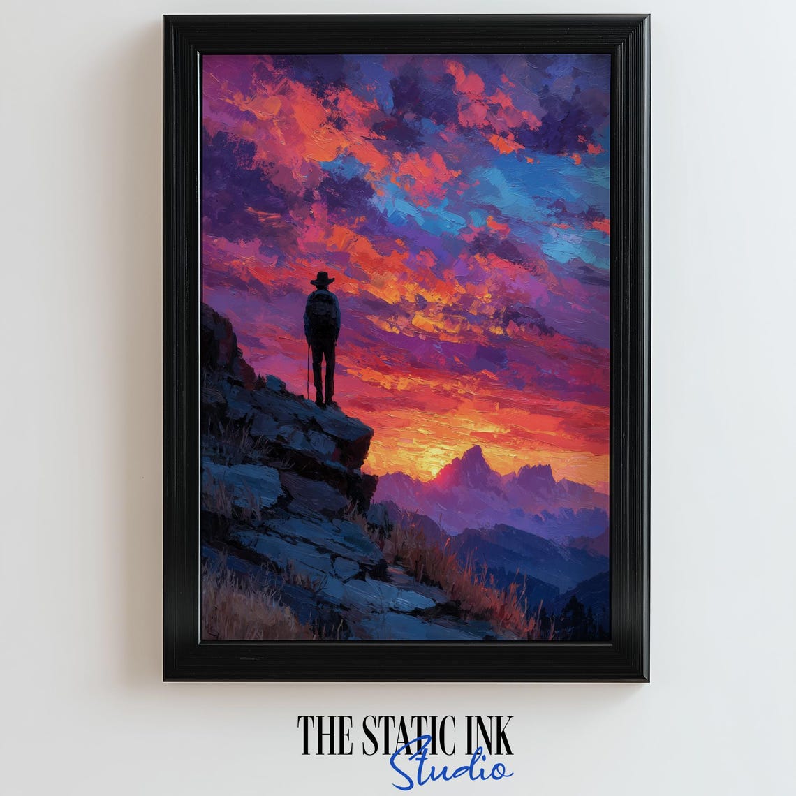 Hiker Sunset Mountain Wall Art Print Vibrant Painted Sky Landscape Adventure Scene Poster Hiking Home Decor
