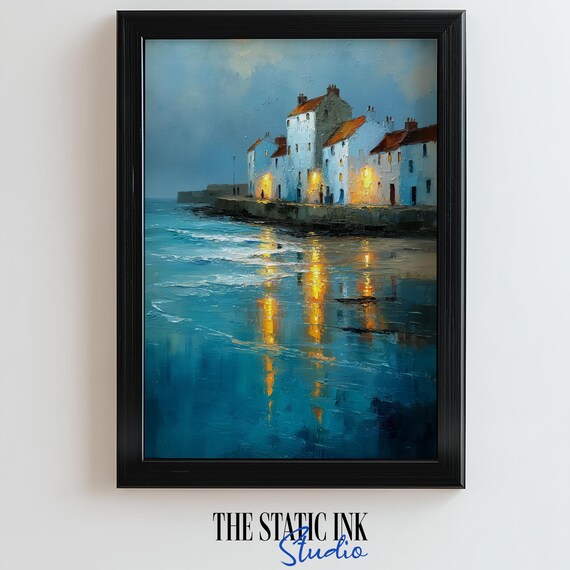 Harbor Town Evening Lights Coastal Village Reflection Painting Poster