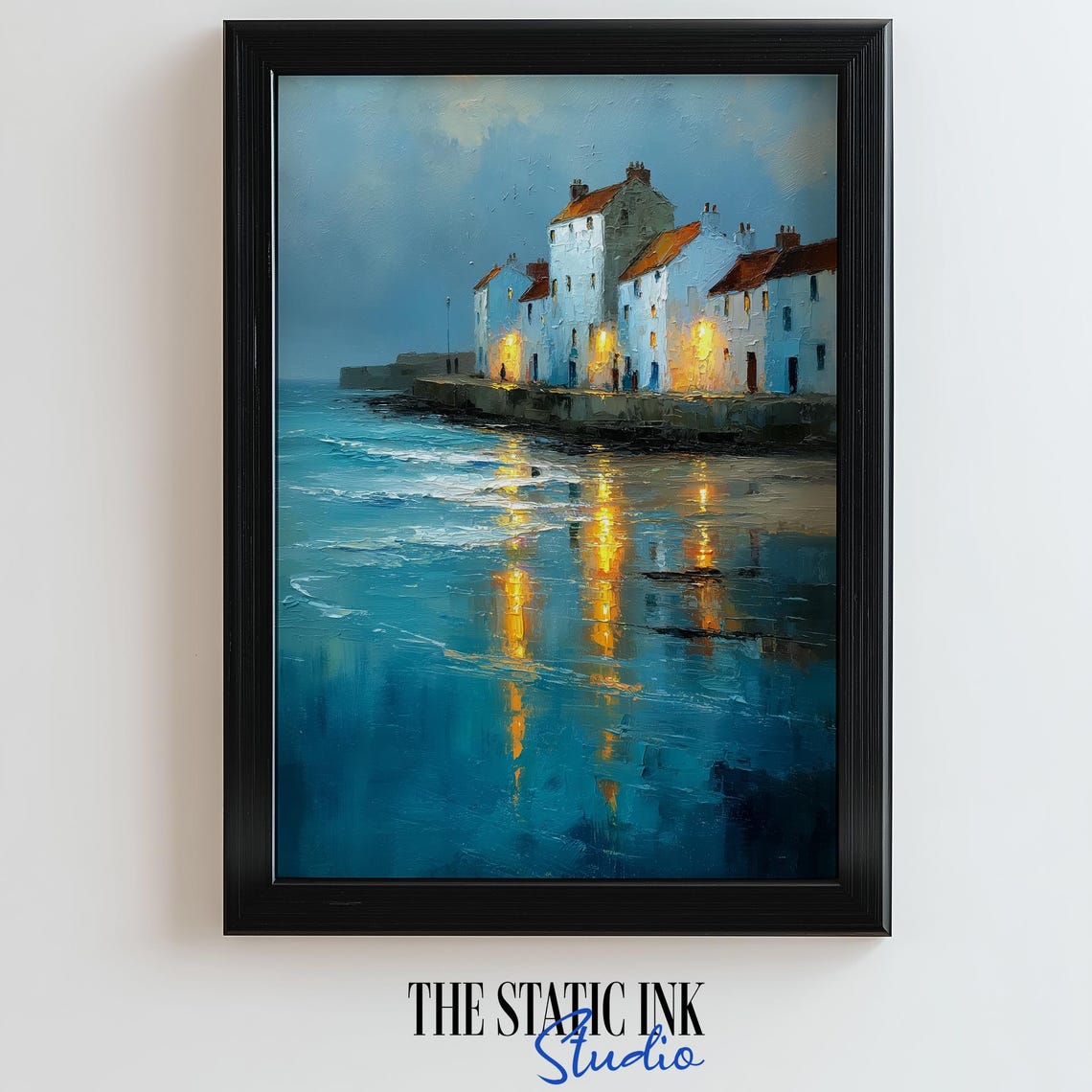 Harbor Town Evening Lights Coastal Village Reflection Painting Poster