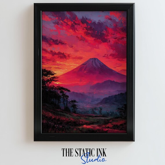 Red Sunset Volcano Landscape Wall Art Print Bold Mountain Painting 300 Dpi Nature Decor