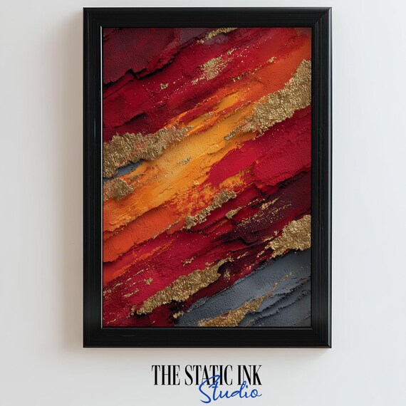 Red And Gold Abstract Wall Art Fiery Textured Print Modern Luxury Home Decor