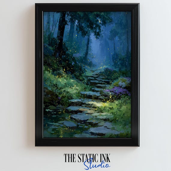 Mystical Stone Pathway Print Enchanted Forest With Fireflies Fantasy Landscape Artwork For Nature Wall Deco