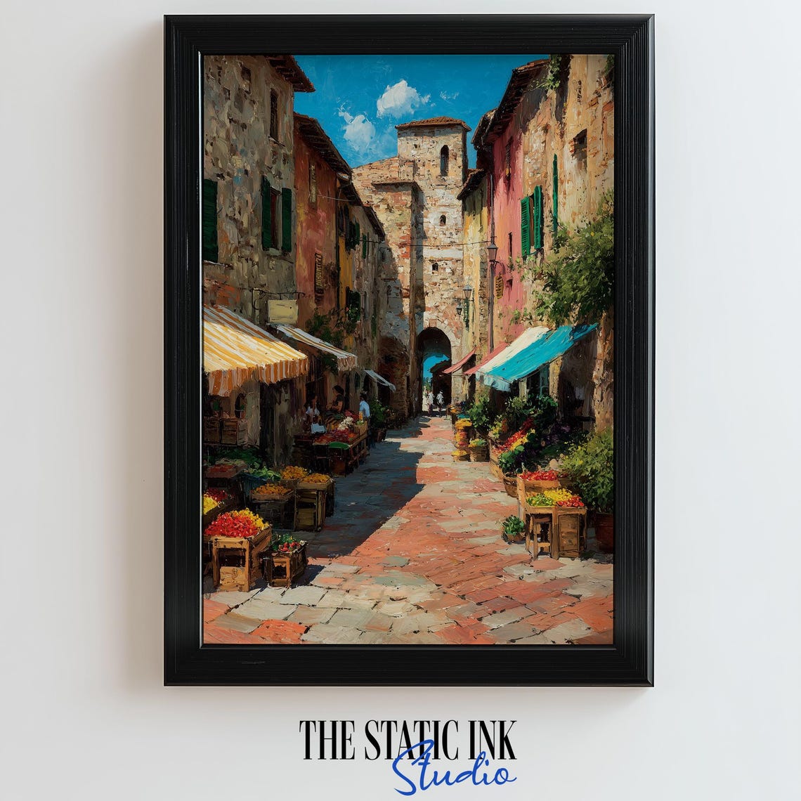 Colorful Italian Market Street Painting Of Rustic Stone Alley With Flowers And Shops For Travel Inspired Wall Art