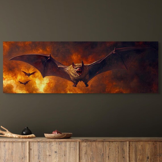 Giant Vampire Bat Fiery Sunset Sky Panoramic Halloween Art Poster