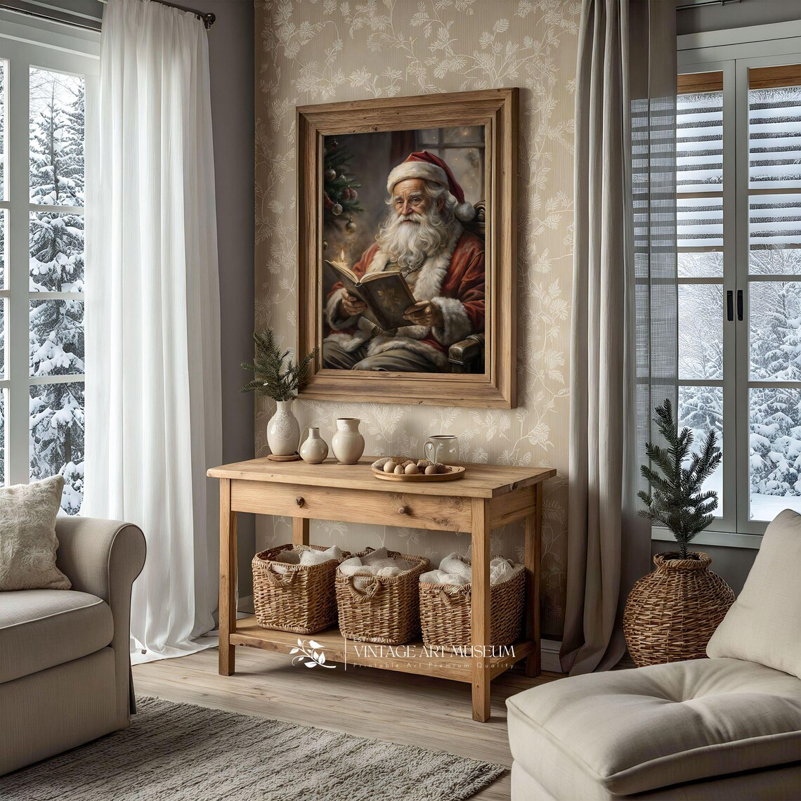 Santa Claus Reading a Book by Candlelight Vintage Christmas Wall Art - Image 2