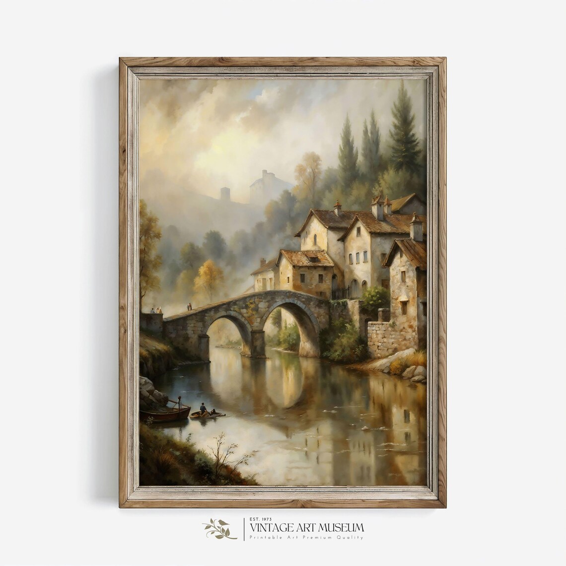 Old Stone Bridge Riverside Village Vintage European Landscape Poster
