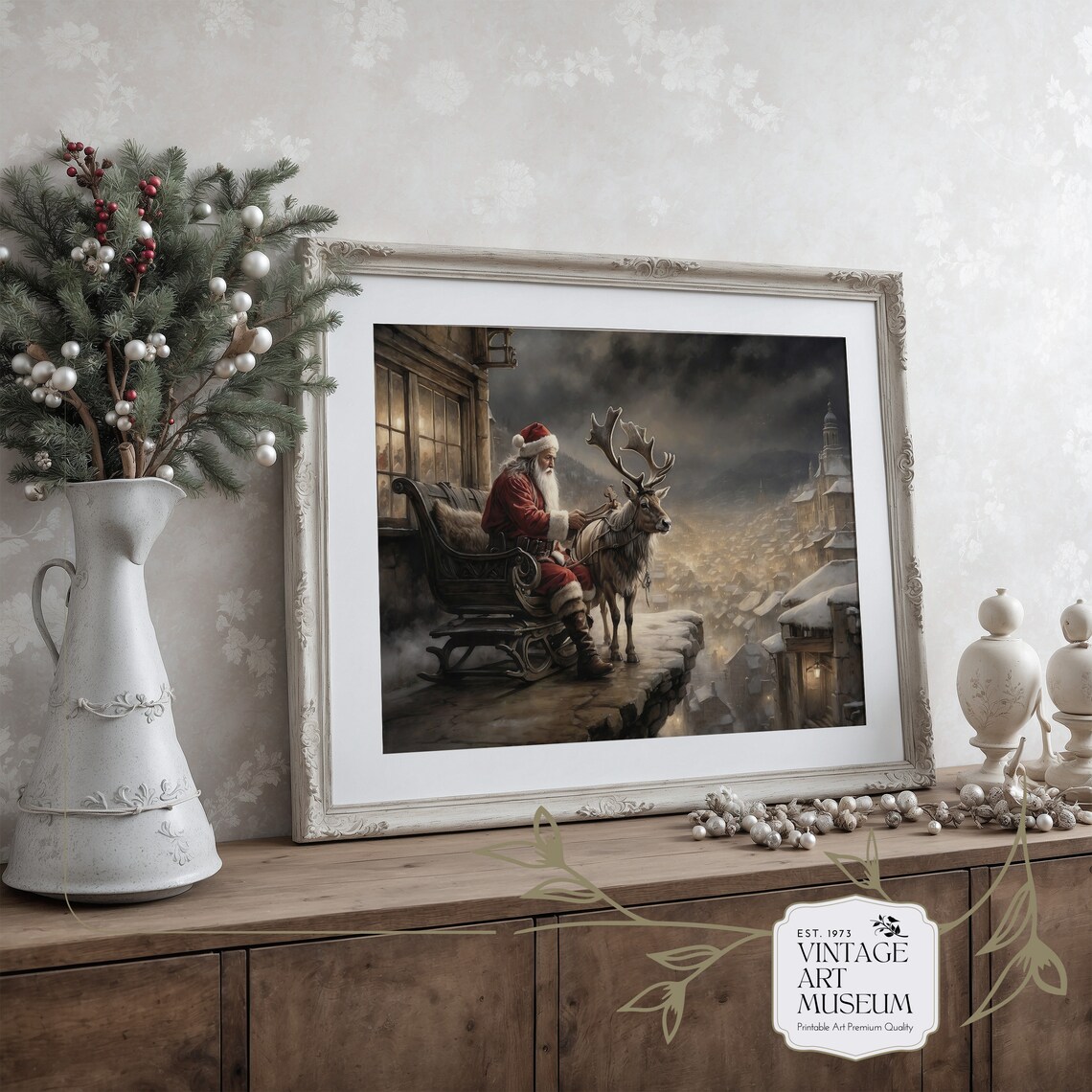 Santa Deer Christmas Village Art Print, Festive Decor - Image 2