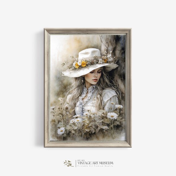 Woman In White Flower Hat Daisy Field Dreamy Watercolor Portrait Poster